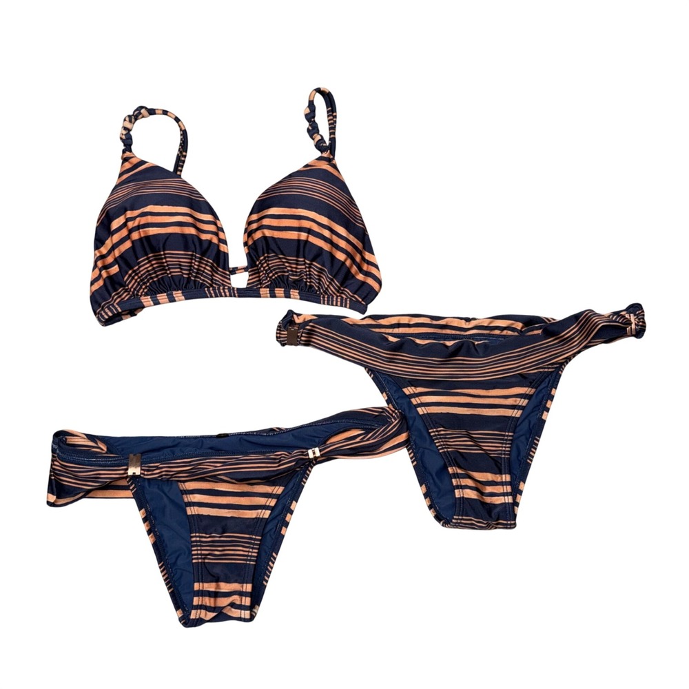 Vix Paula Hermanny Bikini Set Women Large Navy Orange Striped Braided Straps